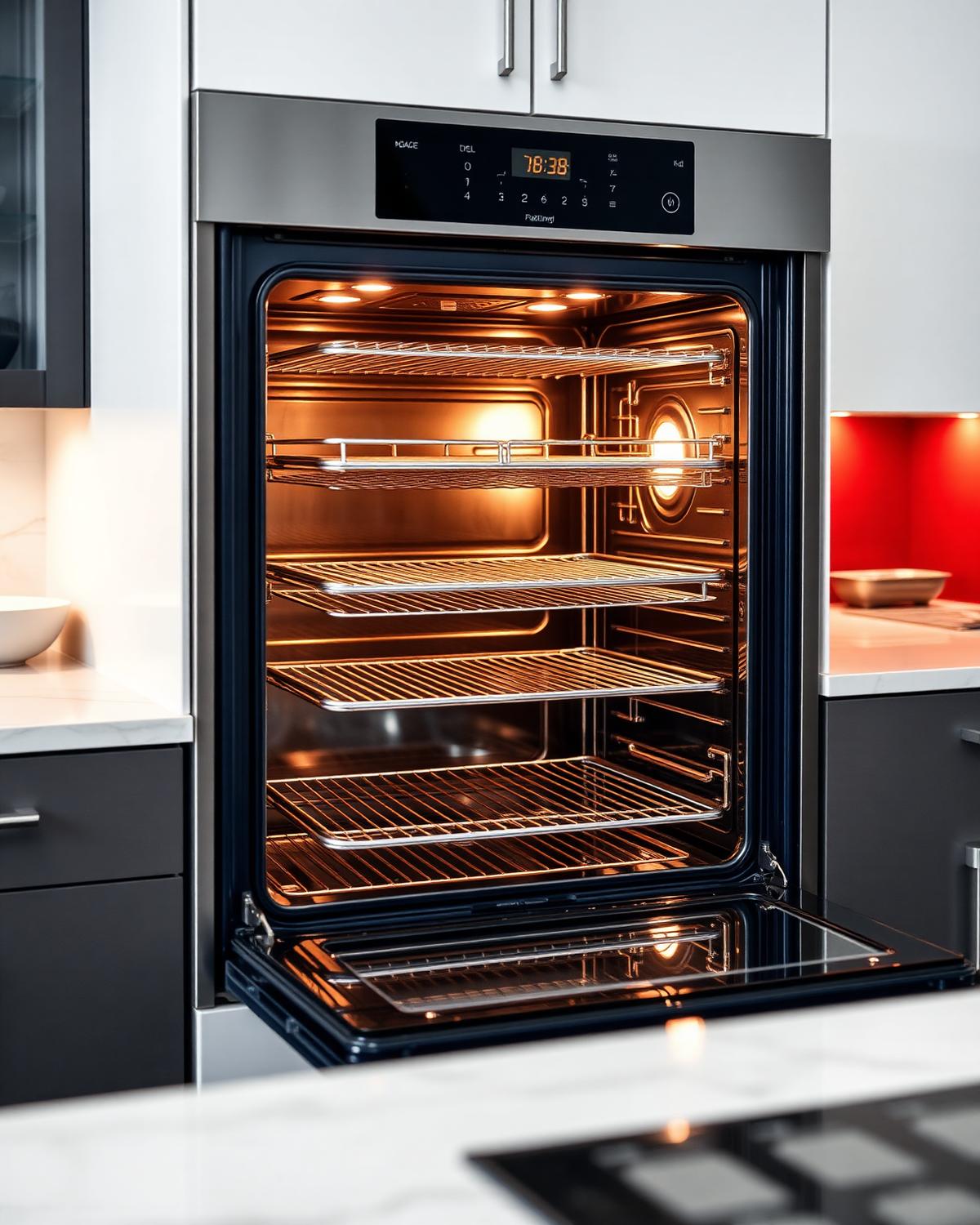 A pristine, freshly cleaned modern double oven in a high-end kitchen